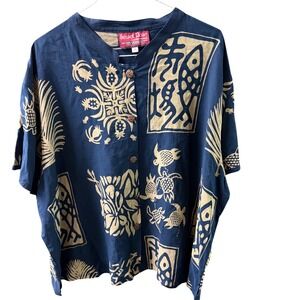 Sunset Rose Navy Blue Tropical Batik Sea Turtle Pineapple Rayon Shirt Plus Sz 3X